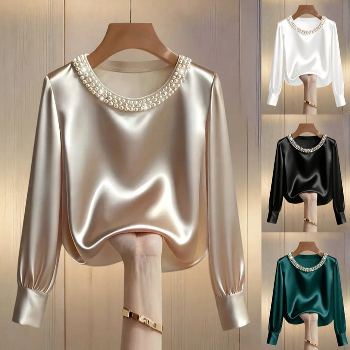 Damen elegante satinierte Bluse mit Perlenkragen Drune