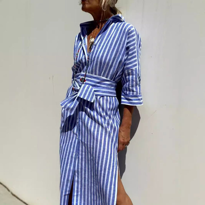 Damen Hemdblusenkleid mit modernem Schnürdesign und seitlichen Schlitzen Drune