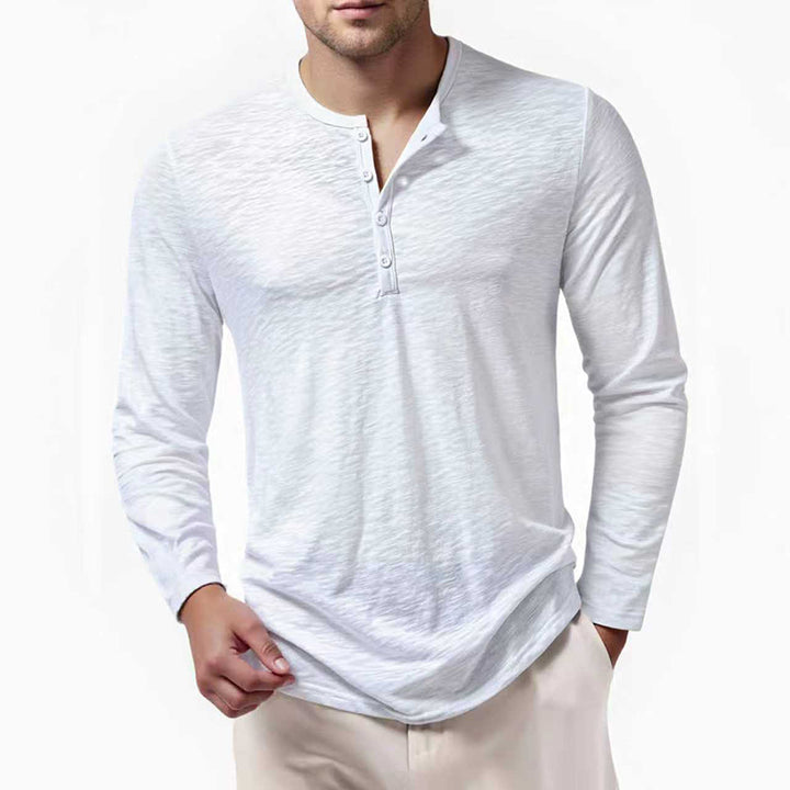 Herren nan Slim-Fit Henley Langarmshirt mit kurzem Knopfverschluss und abgerundetem Saum Drune