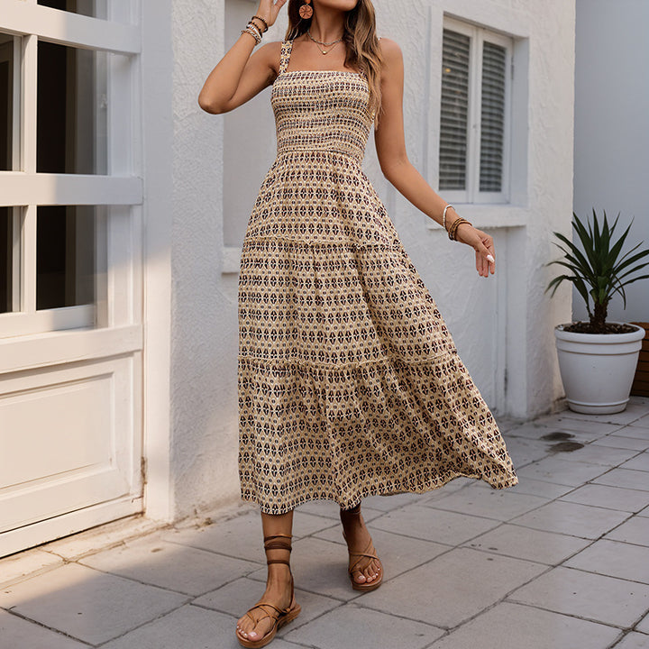 Damen Maxikleid mit strukturierten Rüschendetails und verspieltem Geometrie-Druck Drune