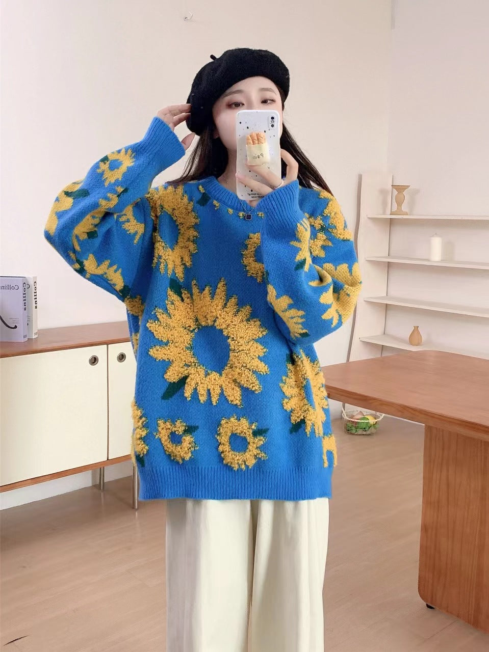 Damen Grobstrickpullover mit floralen Applikationen Drune
