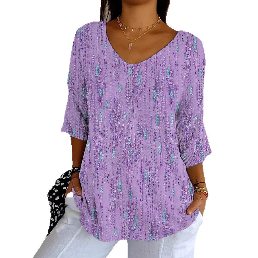 Damen V-Ausschnitt Bluse mit buntem Muster und lockerer Passform Drune