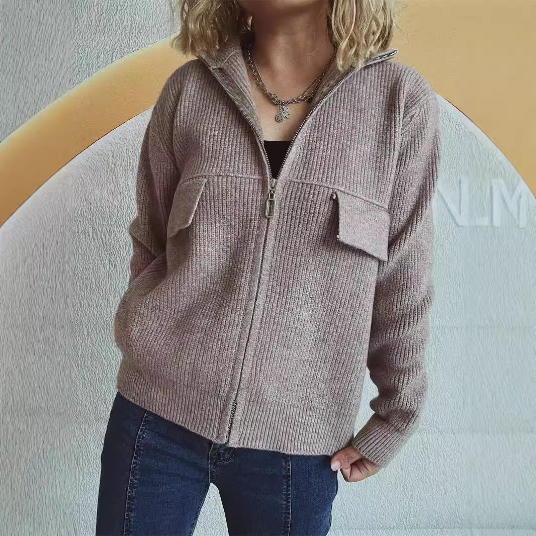 Damen lässige Strickjacke mit praktischen Taschen und hohem Kragen Drune