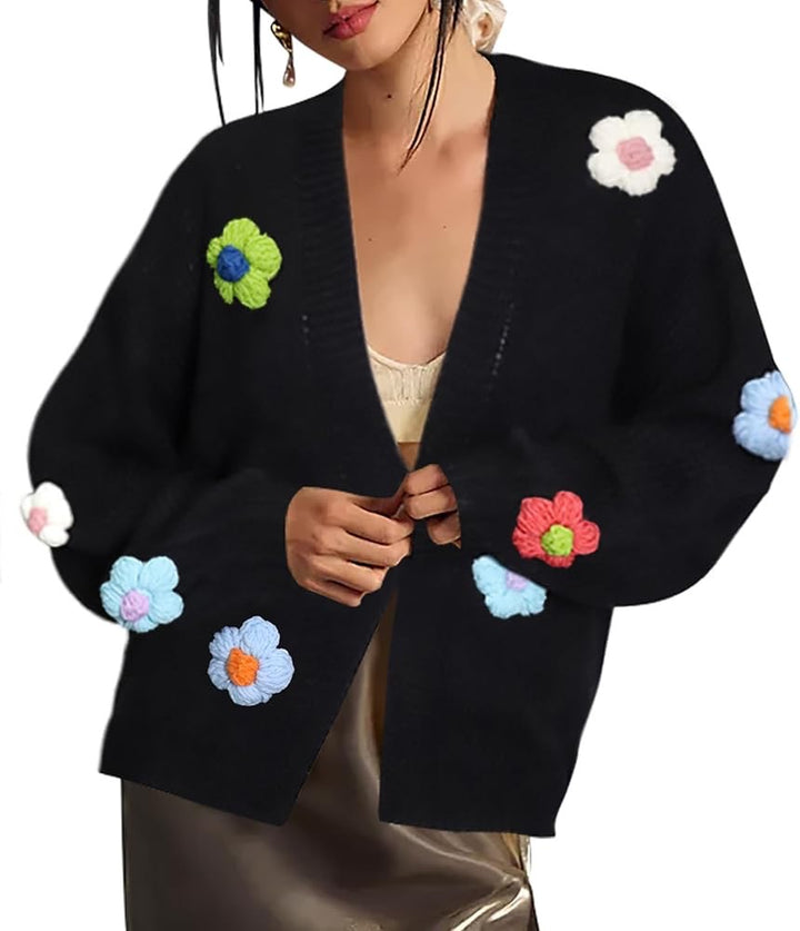 Damen Strickjacke mit Blumenapplikationen Drune