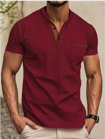 Herren nan modernes Kurzarm-Henley mit Stehkragen, Kontrastnähten und aufgesetzter Brusttasche Drune