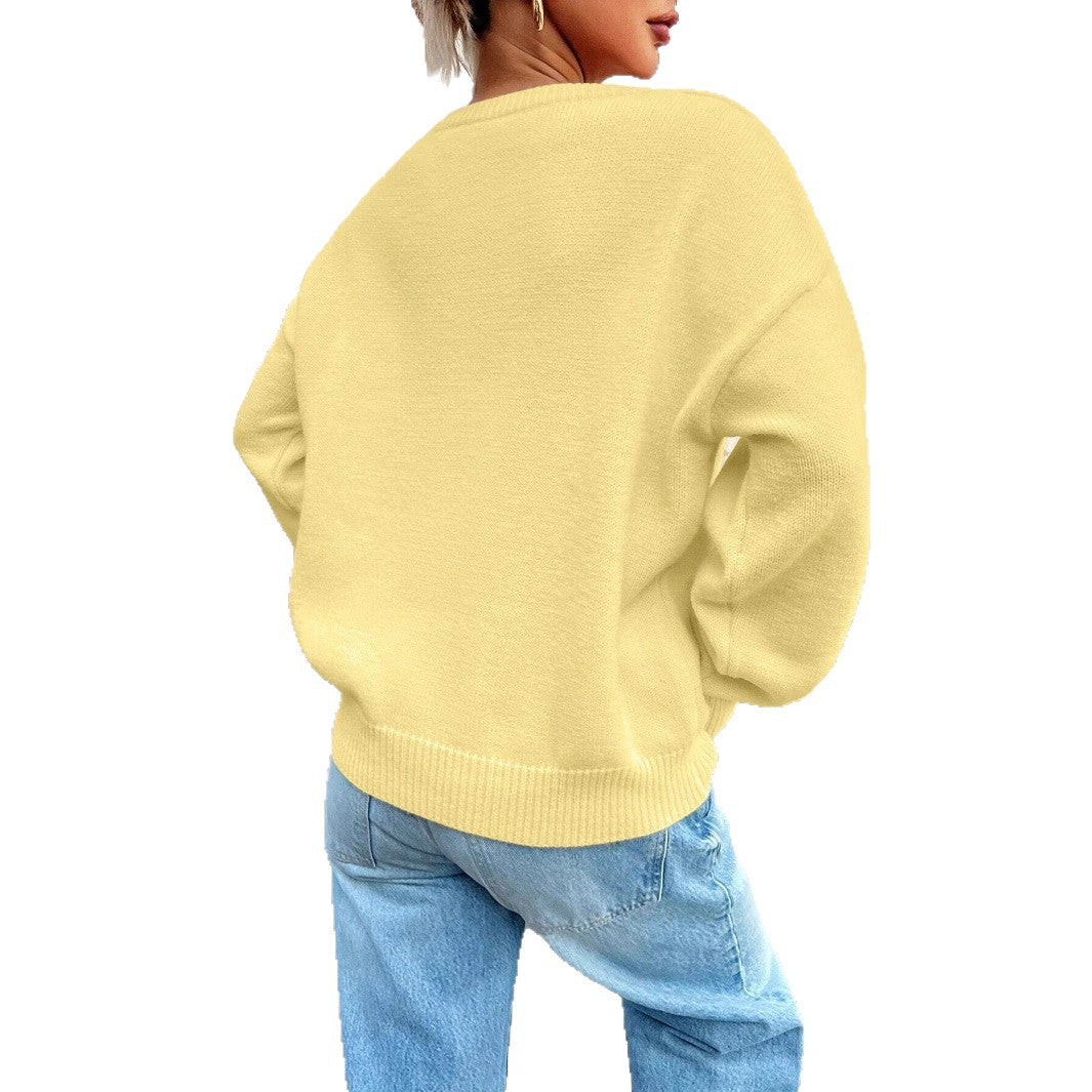 Damen lässiger Strickpullover mit Rundhalsausschnitt und voluminösen Ärmeln Drune