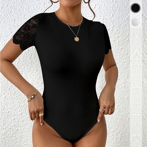 Damen Spitzen-Bodysuit mit kurzen Ärmeln und elegantem Rippdesign Drune