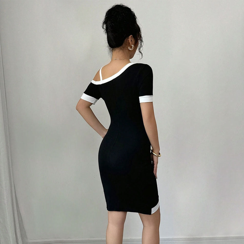 Damen figurbetontes Minikleid mit asymmetrischem Ausschnitt und dekorativem Träger Drune