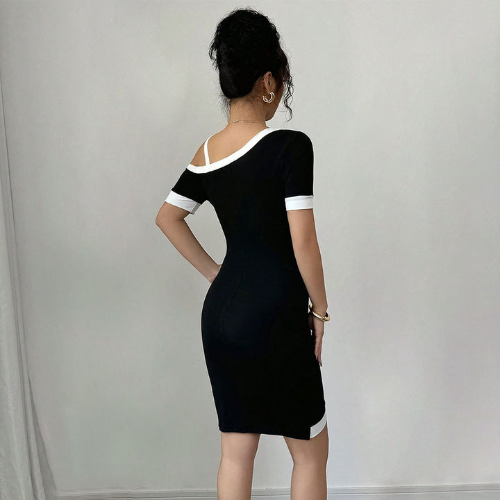 Damen figurbetontes Minikleid mit asymmetrischem Ausschnitt und dekorativem Träger Drune