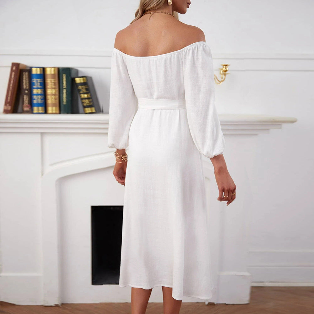 Damen Maxikleid mit schulterfreiem Design und dekorativen Knöpfen Drune