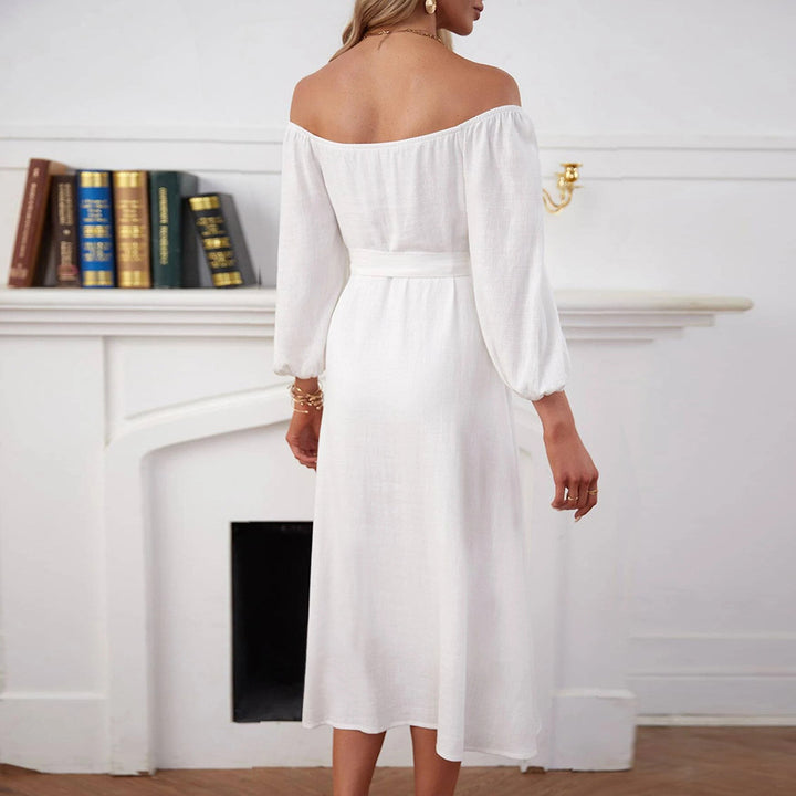 Damen Maxikleid mit schulterfreiem Design und dekorativen Knöpfen Drune