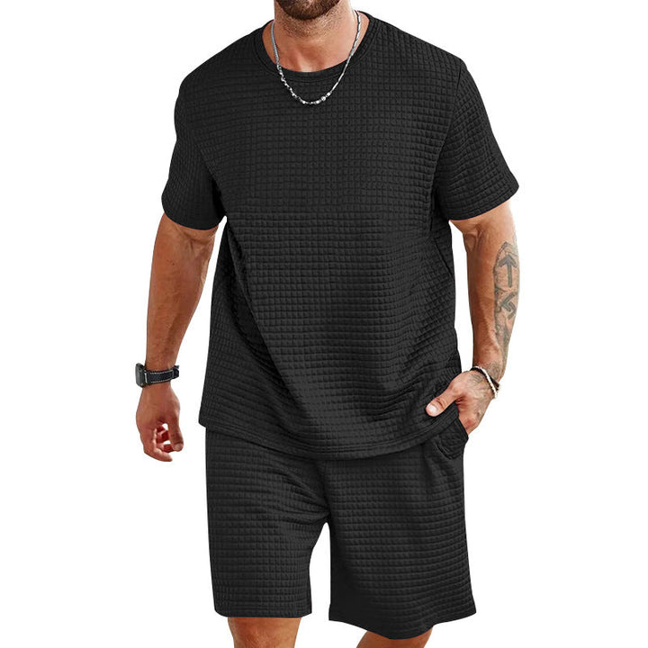 Herren nan Waffelstruktur Wohn- und Freizeit-Set mit weit geschnittenem Kurzarmshirt und kurzer Hose mit elastischem Bund Drune