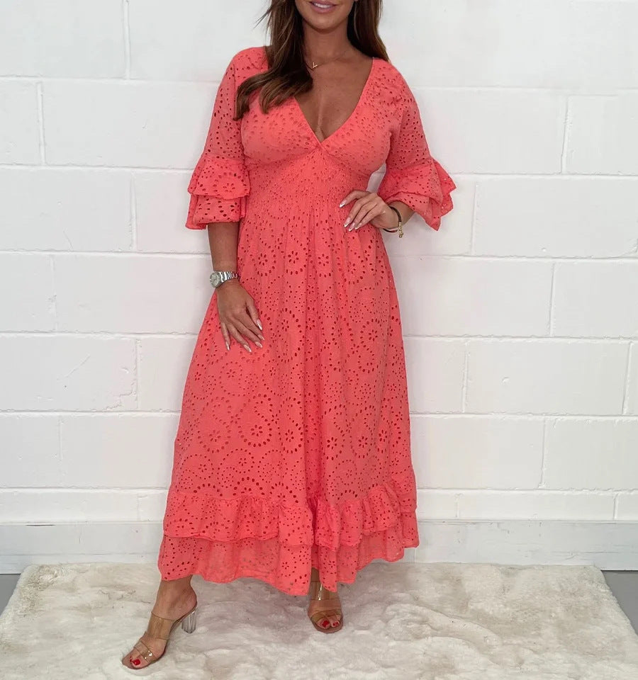 Damen Maxikleid mit floraler Lochstickerei und weiten Ärmeln Drune