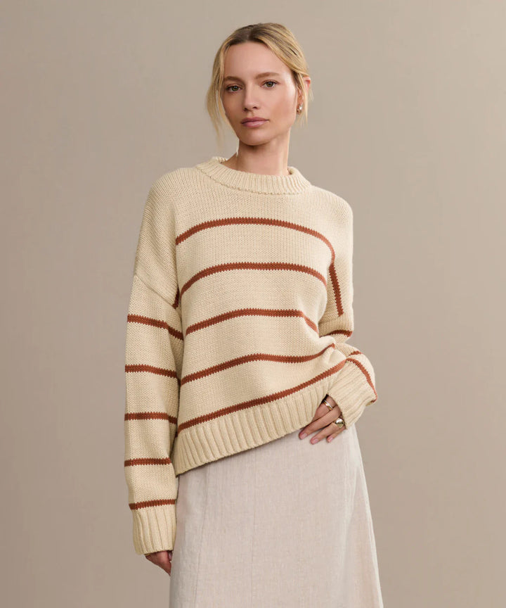 Damen lässiger Strickpullover mit breiten Streifen und Rundhalsausschnitt Drune