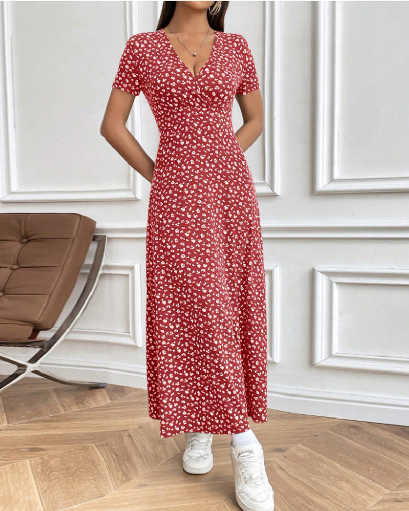 Damen nan tailliertes V-Ausschnitt Wickeloptik Maxikleid aus Viskosejersey mit kurzen Ärmeln und A-Linien-Saum Drune