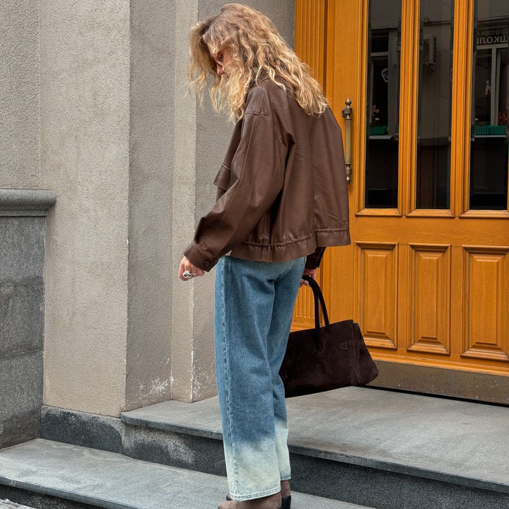 Damen modische Lederjacke mit oversized Schnitt und praktischen Taschen Drune