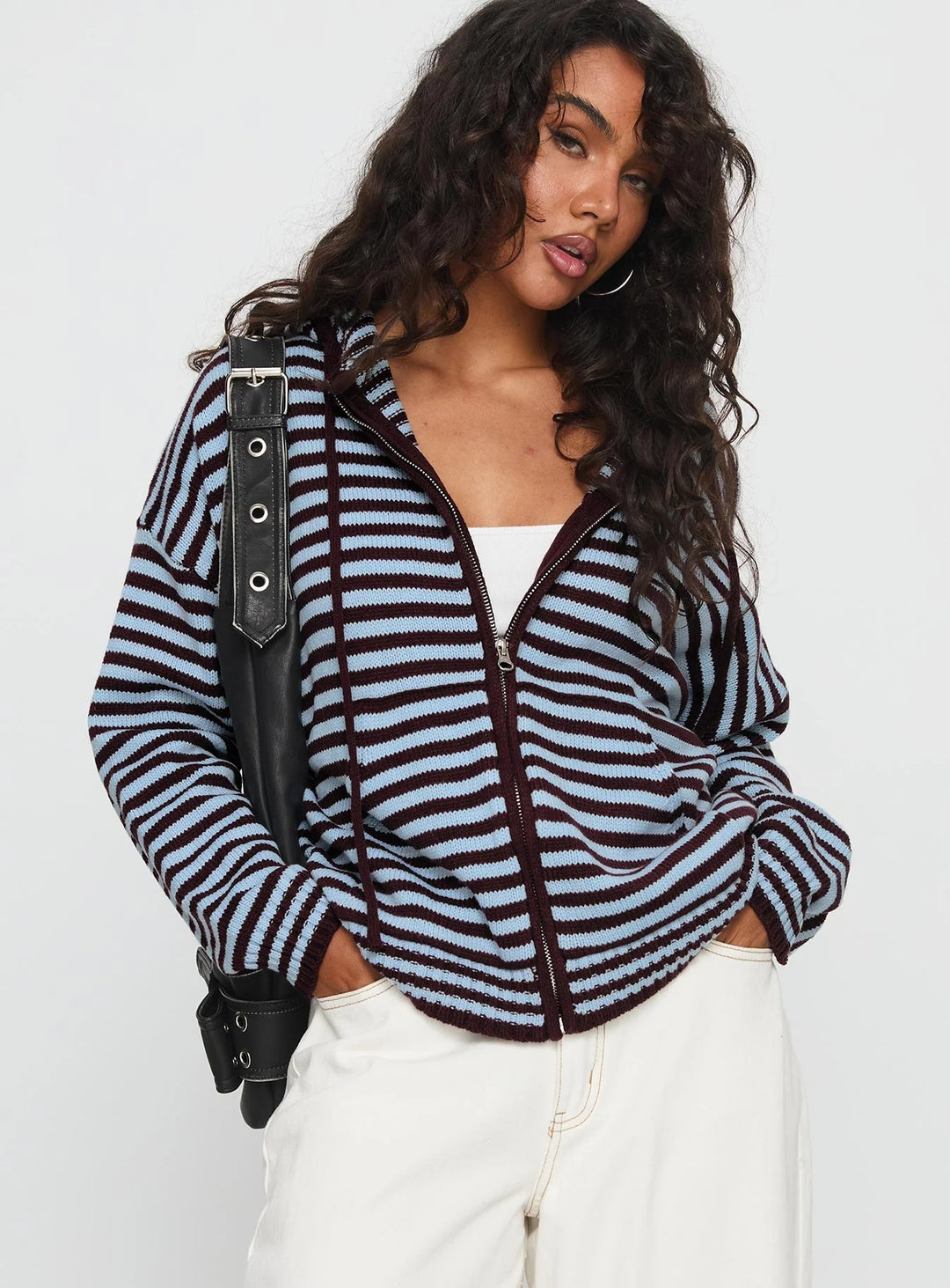 Damen lässige gestreifte Strickjacke mit durchgehendem Reißverschluss Drune