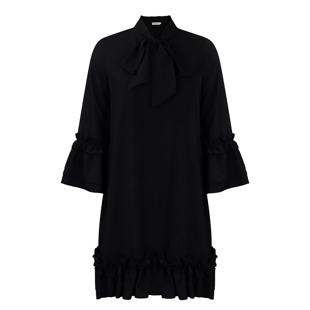 Damen Tunika-Kleid mit eleganten Rüschen und schickem Schleifenkragen Drune