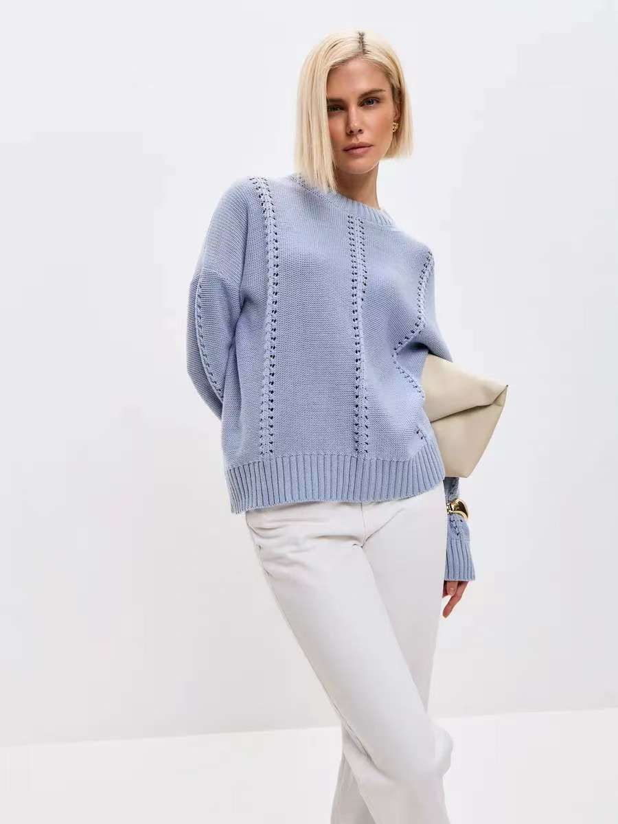Damen Strickpullover mit dekorativem Lochmuster und voluminösen Ärmeln Drune