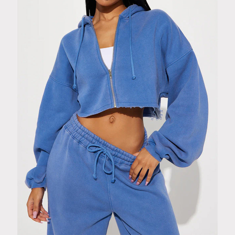 Damen nan Kapuzen-Crop-Top und weite Jogginghose Lounge-Set aus weichem Fleece Drune