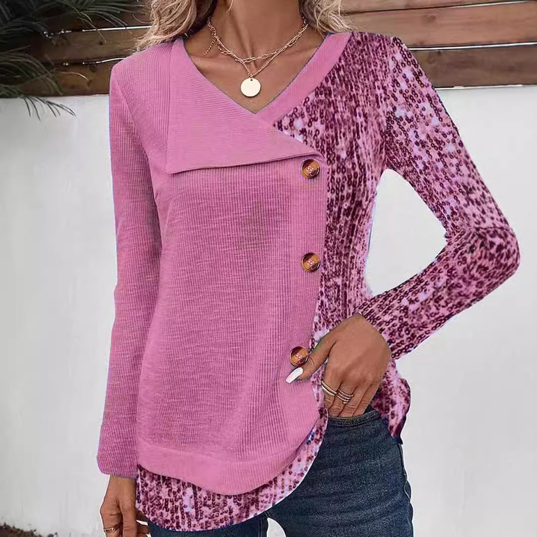 Damen Modisches Langarmshirt mit asymmetrischem Kragen und dekorativen Knopfdetails Drune