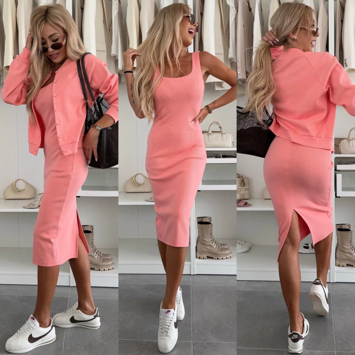 Damen lässiges Set aus Strickkleid und Bolerojacke Drune