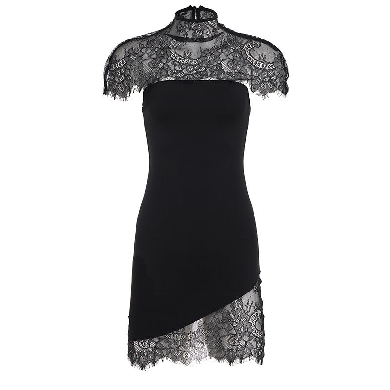 Damen Spitzenkleid mit asymmetrischem Saum und elegantem Kragen Drune