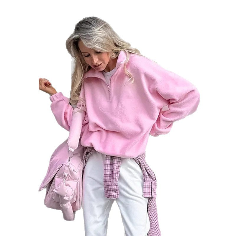 Damen Fleece Sweatpullover mit modernem Stehkragen und halbem Reißverschluss Drune