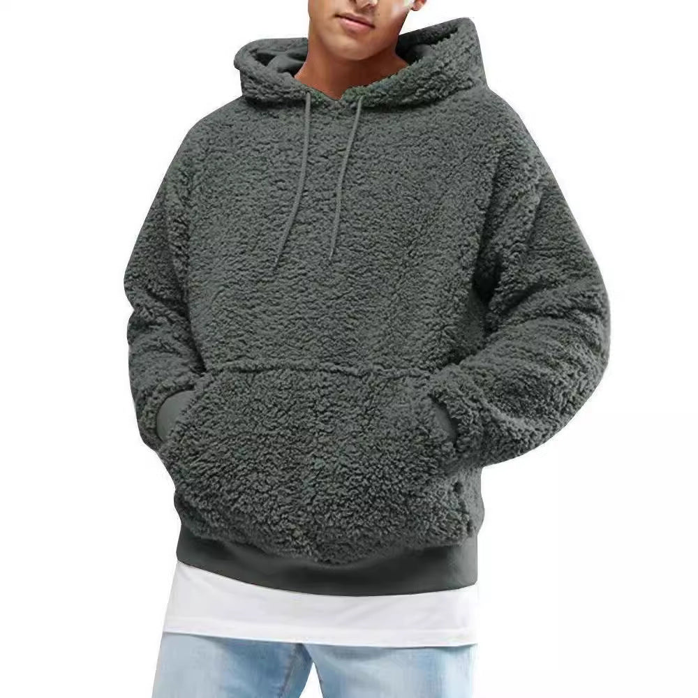 Herren Lässiger Teddy-Fleece Hoodie mit praktischen Kängurutaschen und verstellbarem Kordelzug Drune