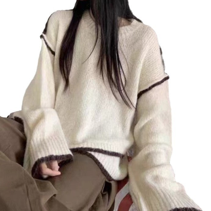 Damen lockerer Strickpullover mit kontrastierendem Rand Drune