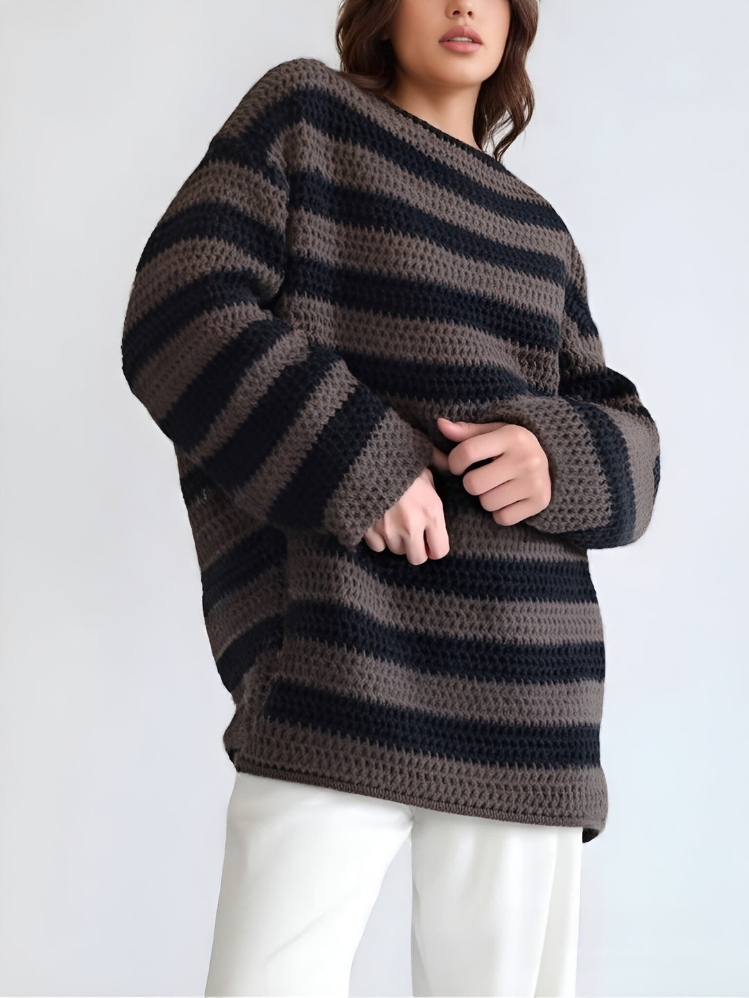 Damen gemütlicher Grobstrickpullover mit modernem Streifenmuster und lässigem Schnitt Drune