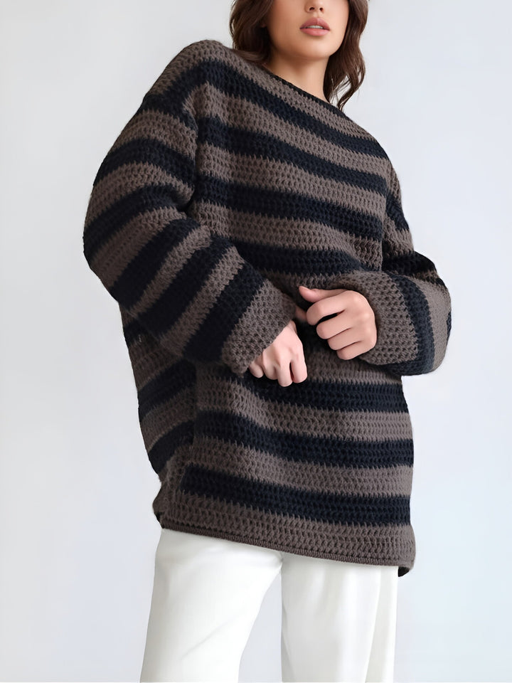 Damen gemütlicher Grobstrickpullover mit modernem Streifenmuster und lässigem Schnitt Drune