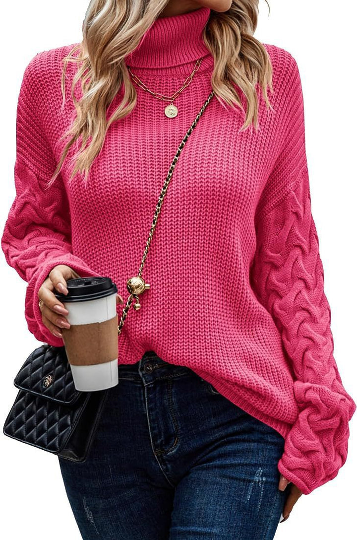 Damen Grobstrickpullover mit modernem Zopfdesign und hohem Kragen Drune