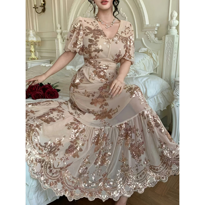 Damen Festliches Maxikleid mit funkelnden Pailletten und exquisiten Blumendetails Drune
