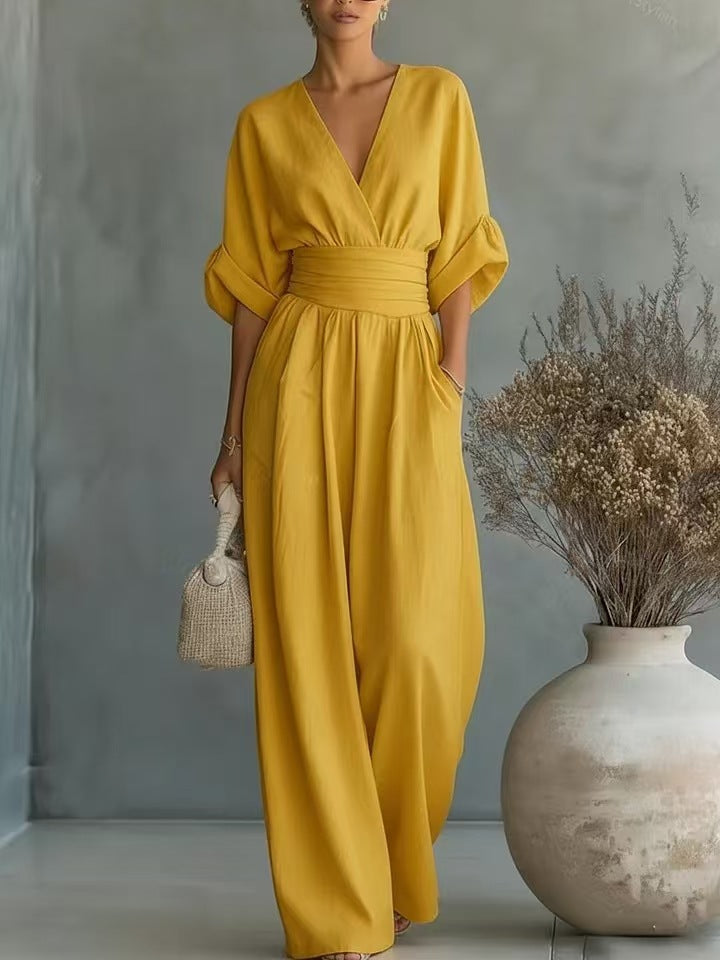 Damen Jumpsuit mit elegantem V-Ausschnitt und weitem Bein Drune