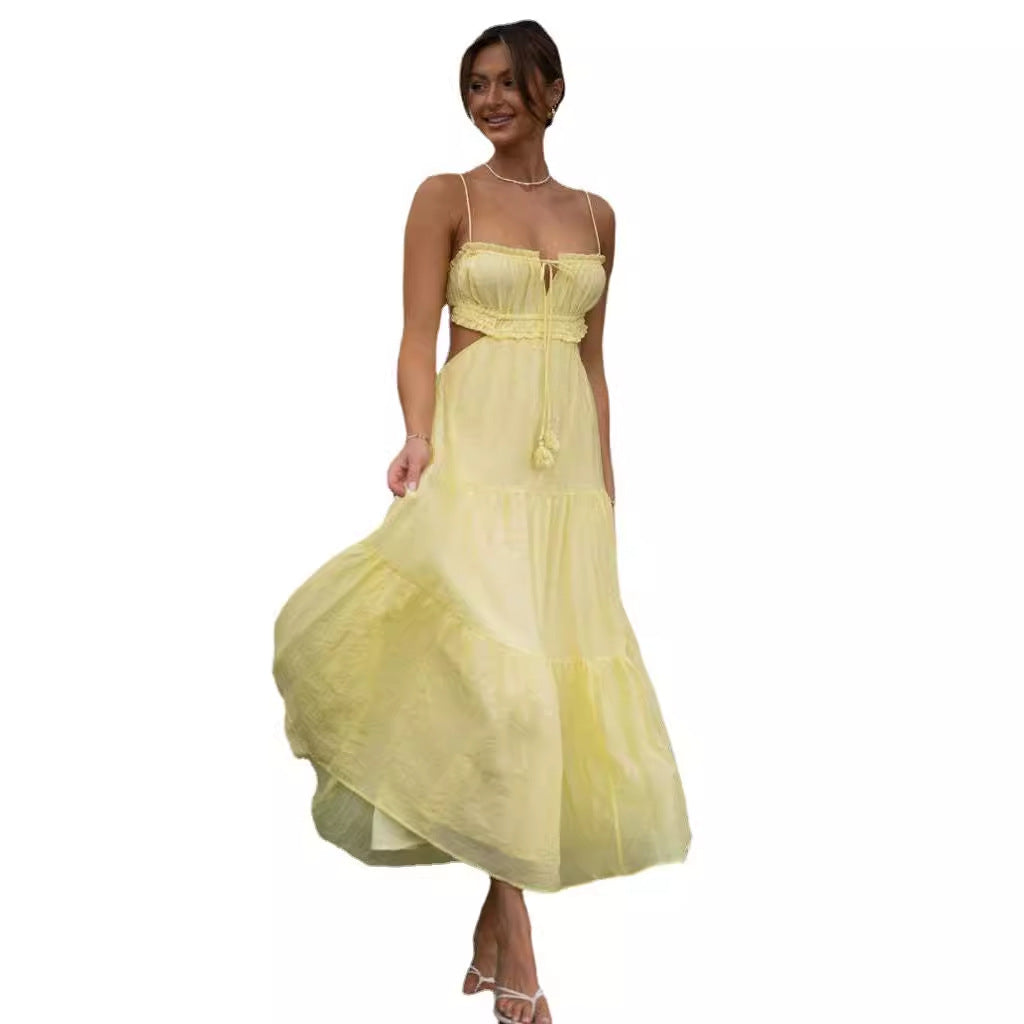 Damen luftiges Maxikleid mit Rüschendetails und verstellbarem Taillenband Drune