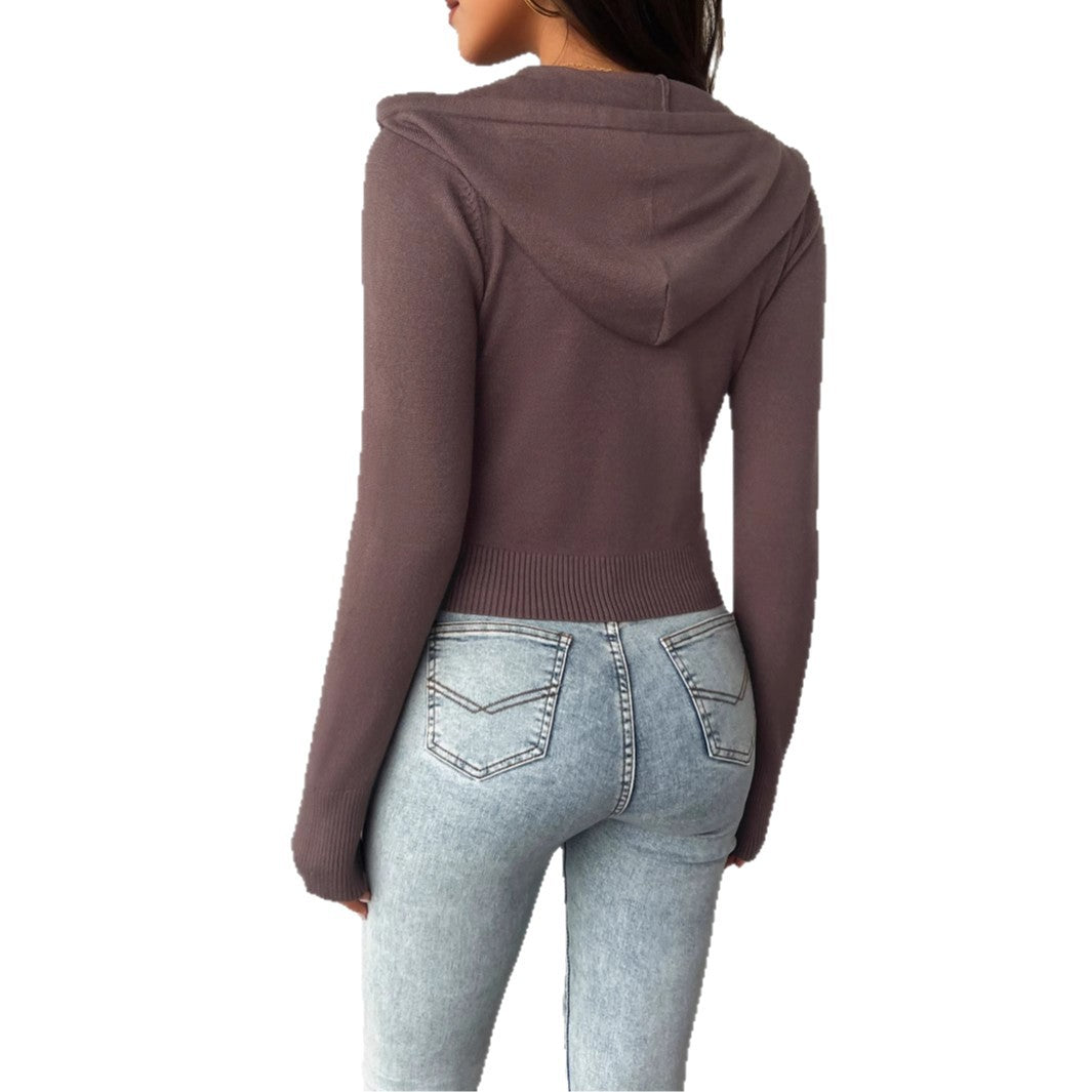 Damen nan taillierte Kapuzen-Strickjacke mit durchgehendem Reißverschluss, Cropschnitt und geripptem Bund Drune