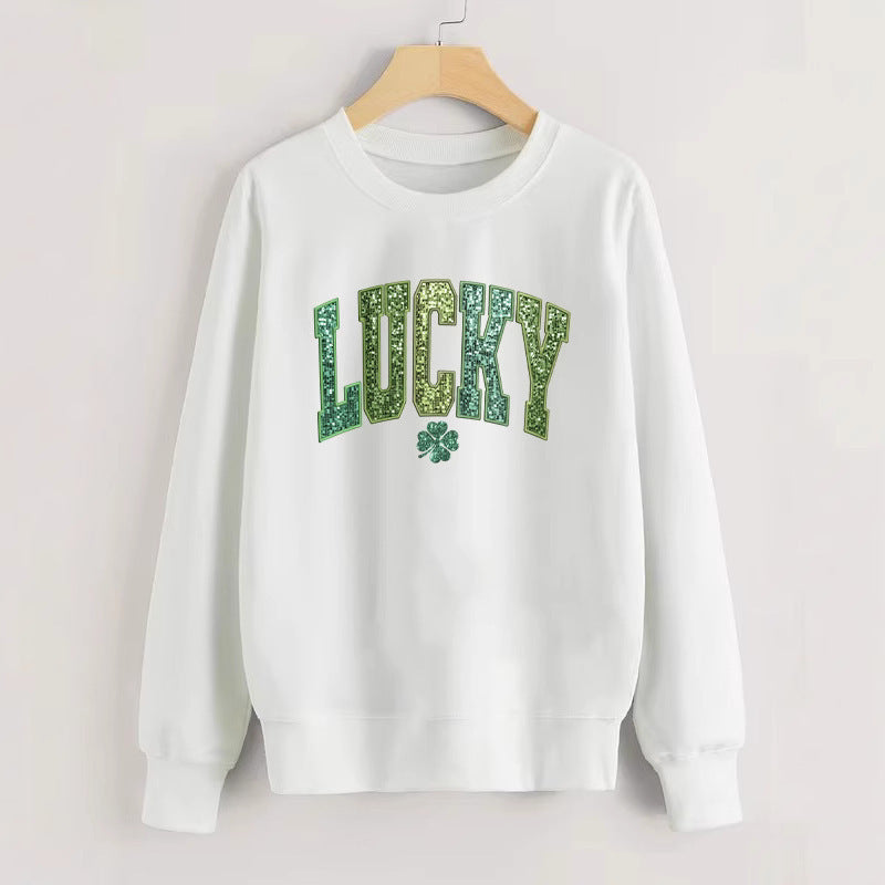 Damen lässiger Sweatshirt mit glitzerndem Schriftzug und Kleeblattmotiv Drune