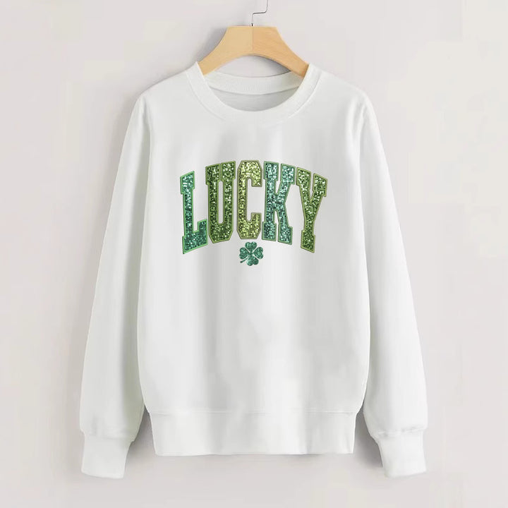 Damen lässiger Sweatshirt mit glitzerndem Schriftzug und Kleeblattmotiv Drune
