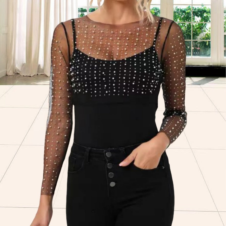 Damen Elegantes Oberteil mit transparenten Ärmeln und funkelnden Pailletten Drune