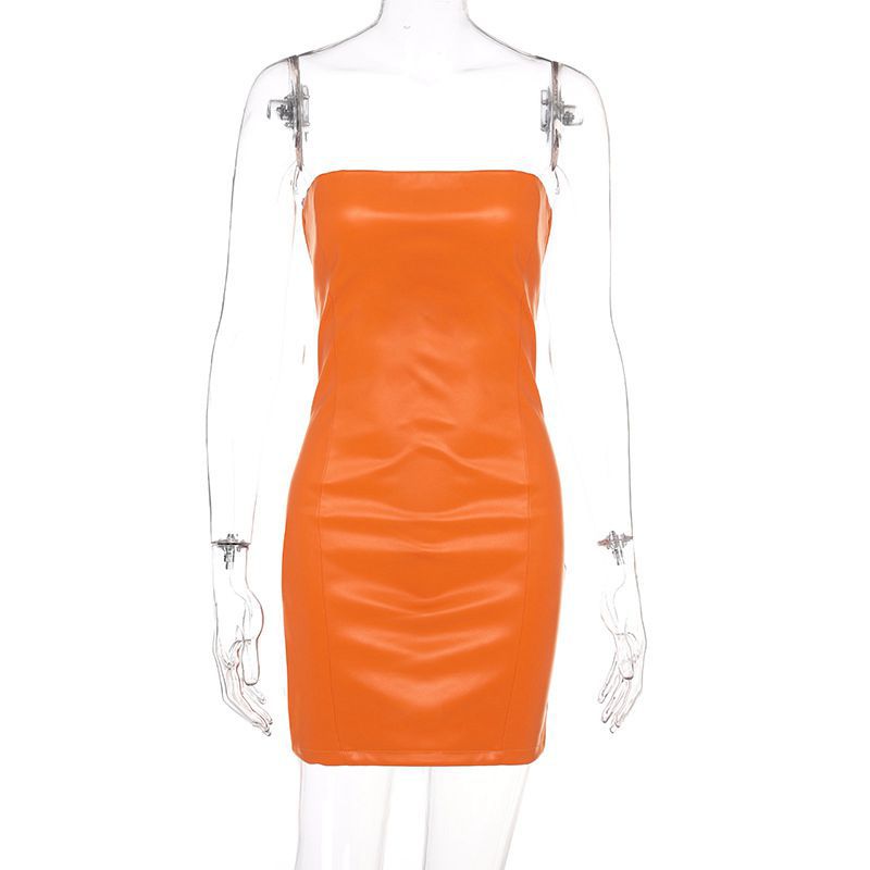 Damen Kunstleder Minikleid im figurbetonten Schnitt mit schulterfreiem Design Drune