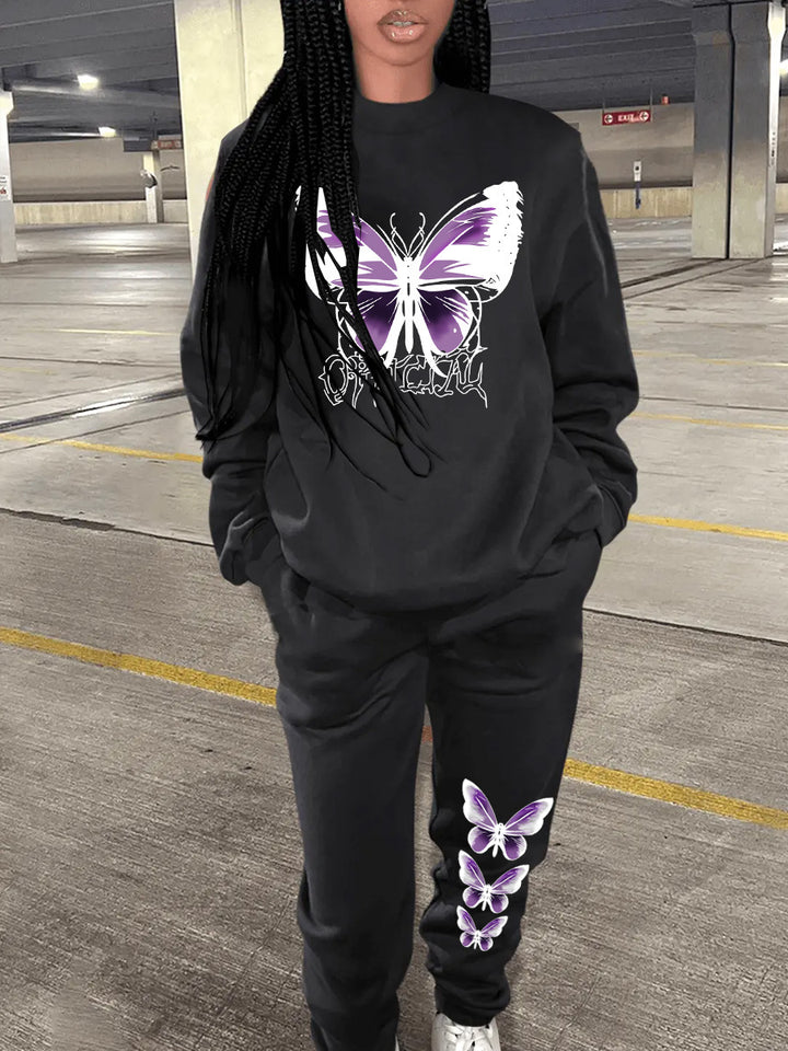 Damen Sweatshirt und Jogginghose Set mit kreativem Schmetterlingsdesign Drune