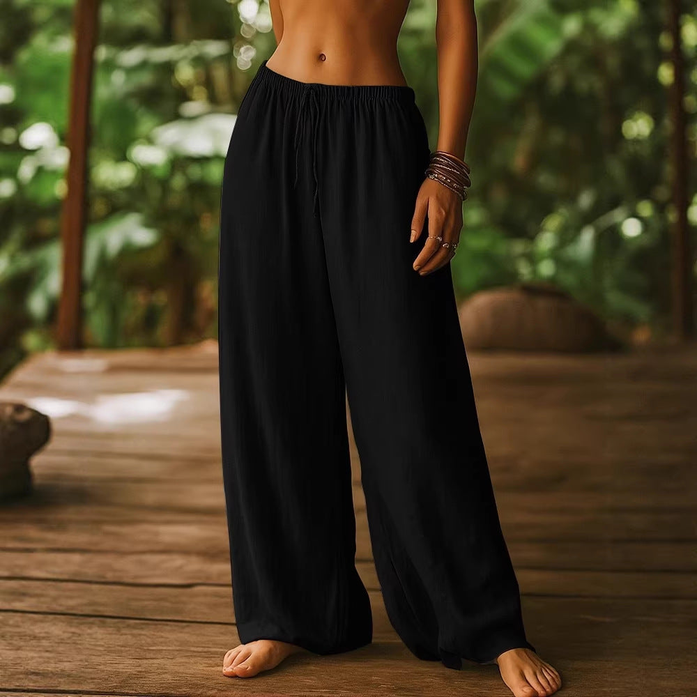 Damen Weit geschnittene Sommer-Hose mit elastischem Bund und Kordelzug Drune