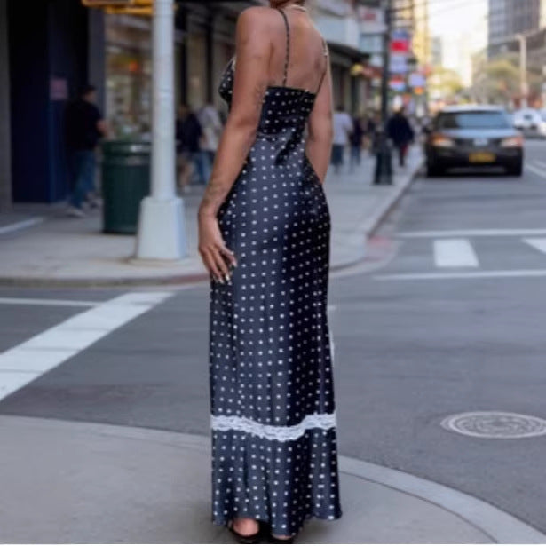 Damen Satin Nachthemd mit Spitzenapplikationen und Polka-Dots Drune