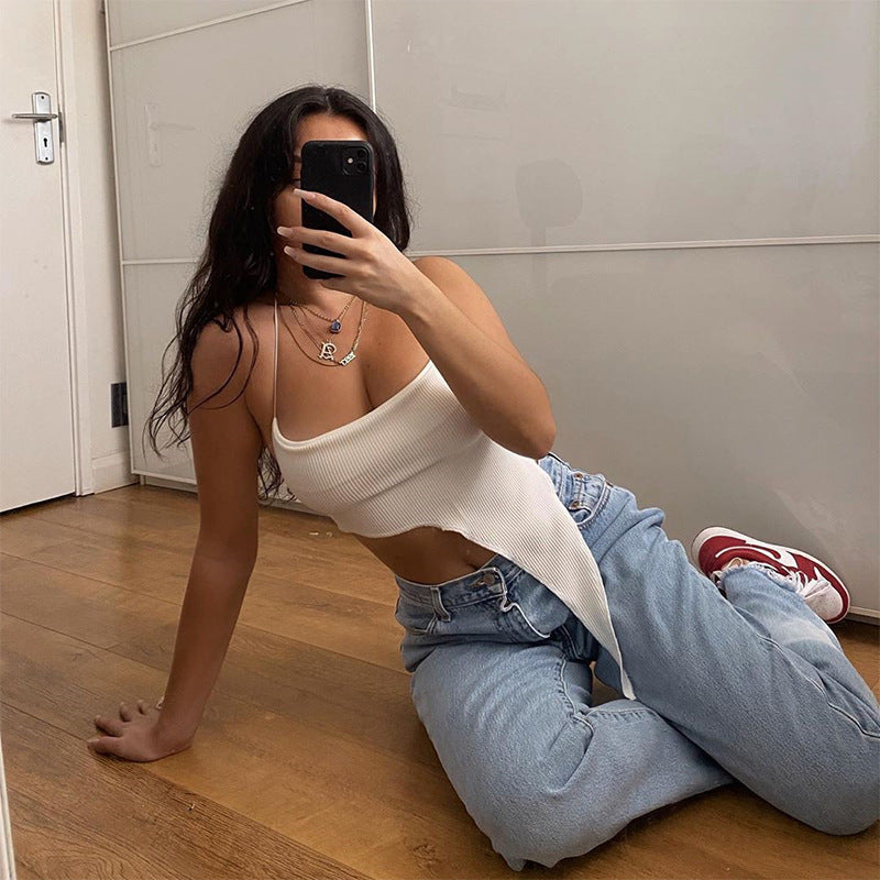 Damen asymmetrisches Crop-Top mit feinem Rippdesign und tiefem Ausschnitt Drune