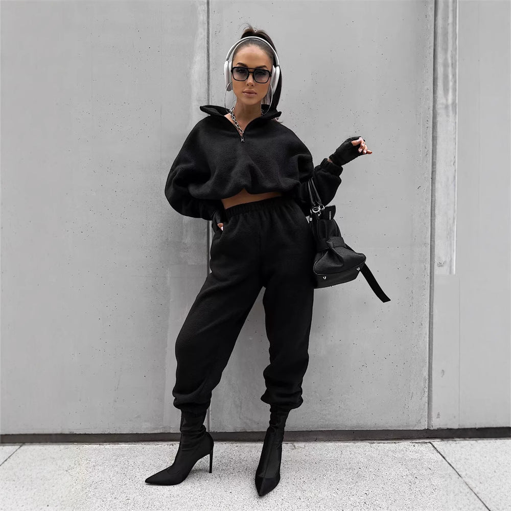 Damen Fleece-Lounge-Set mit hochschließendem Kragen und verstellbarem Bund Drune