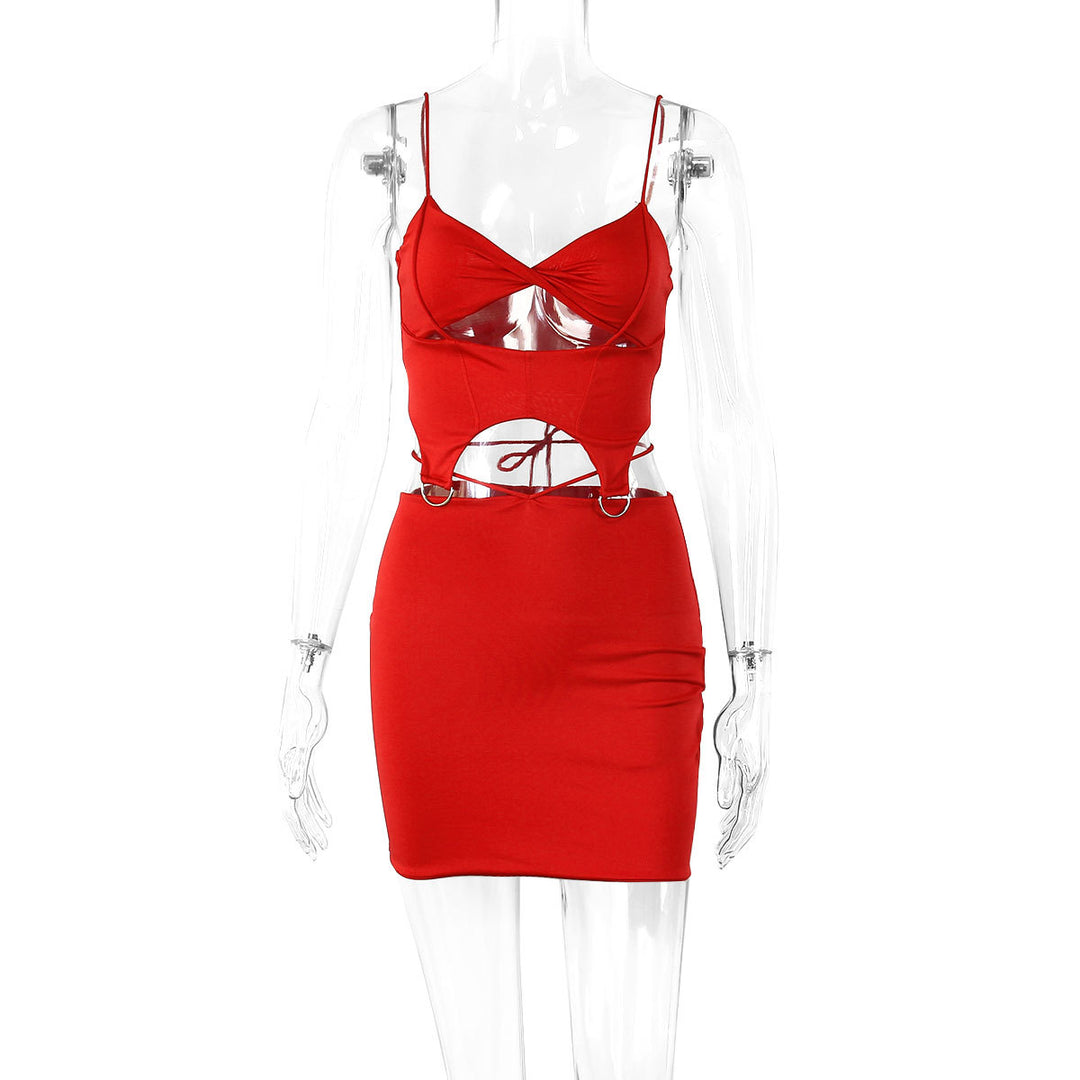 Damen Figurbetontes Cut-Out Kleid mit zarten Trägern und Ringdetails Drune