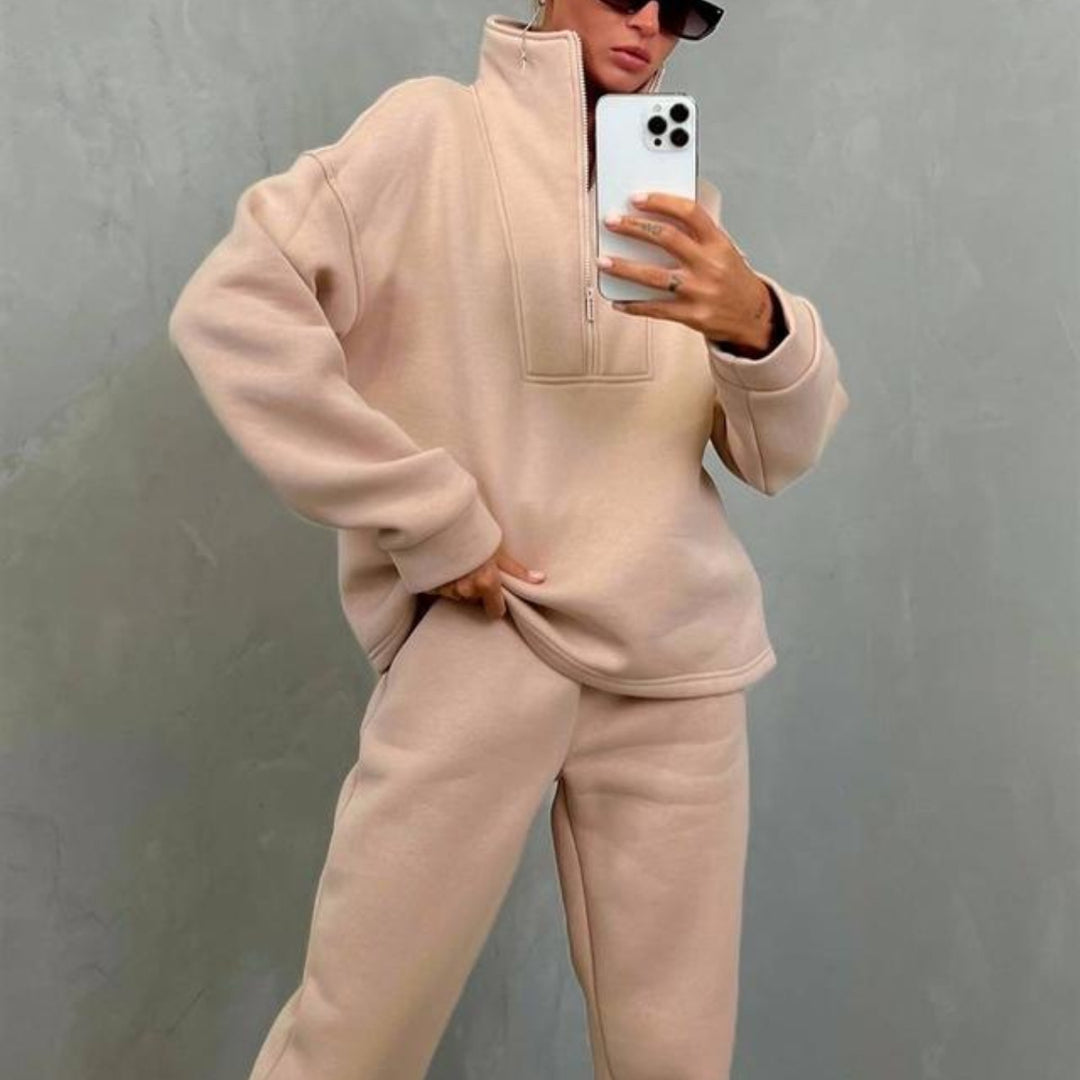 Damen nan weiches Oversize-Halbzip-Loungewear-Set mit hohem Stehkragen und taillierter Jogginghose Drune