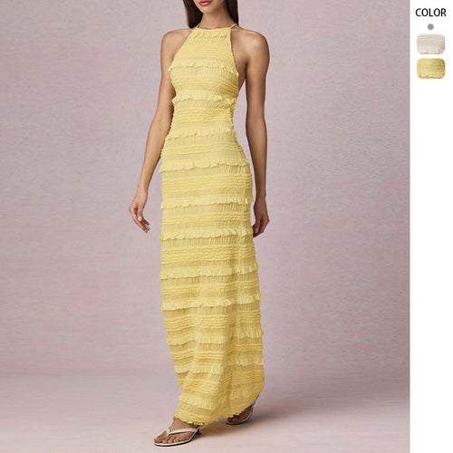 Damen Maxi-Kleid mit fransendem Design und elegantem Halterneck Drune