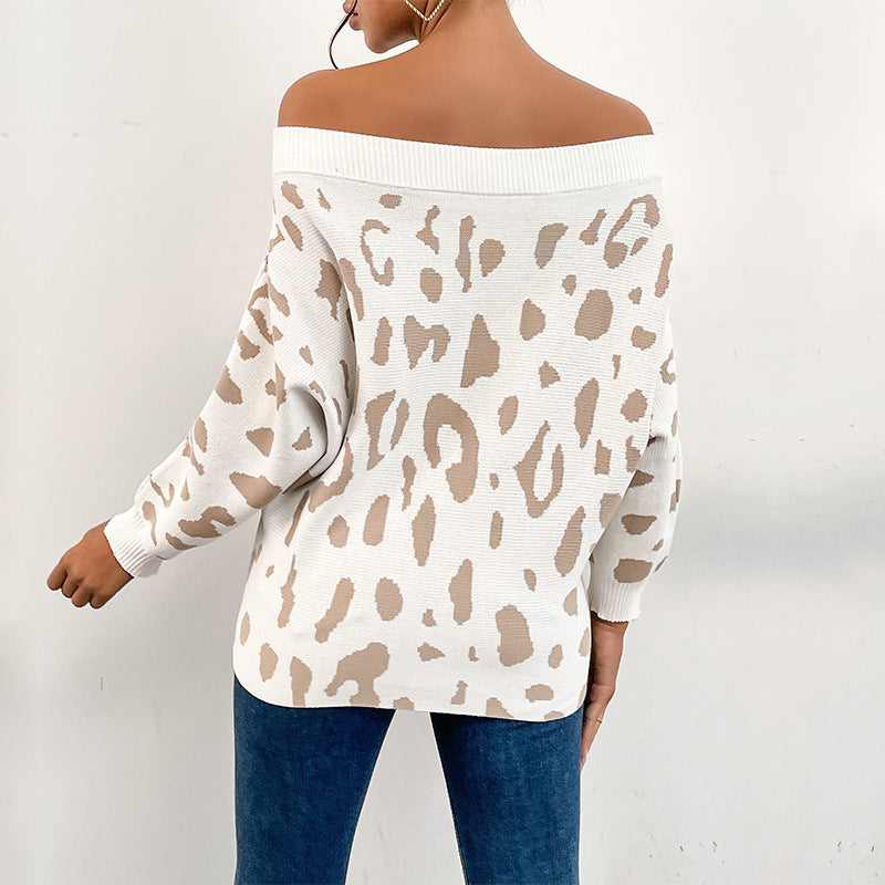 Damen lässiger Pullover mit Off-Shoulder-Design und Leopardenmustern Drune